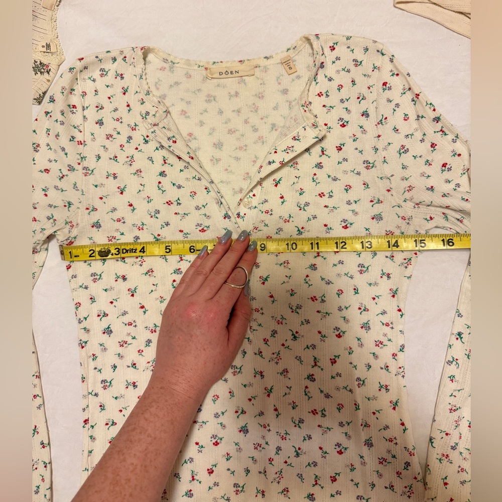 Doen Paula T, 100% Cotton, Monte-Parc Floral/Cream Henley-Long Sleeve Top, S - Picture 10 of 13